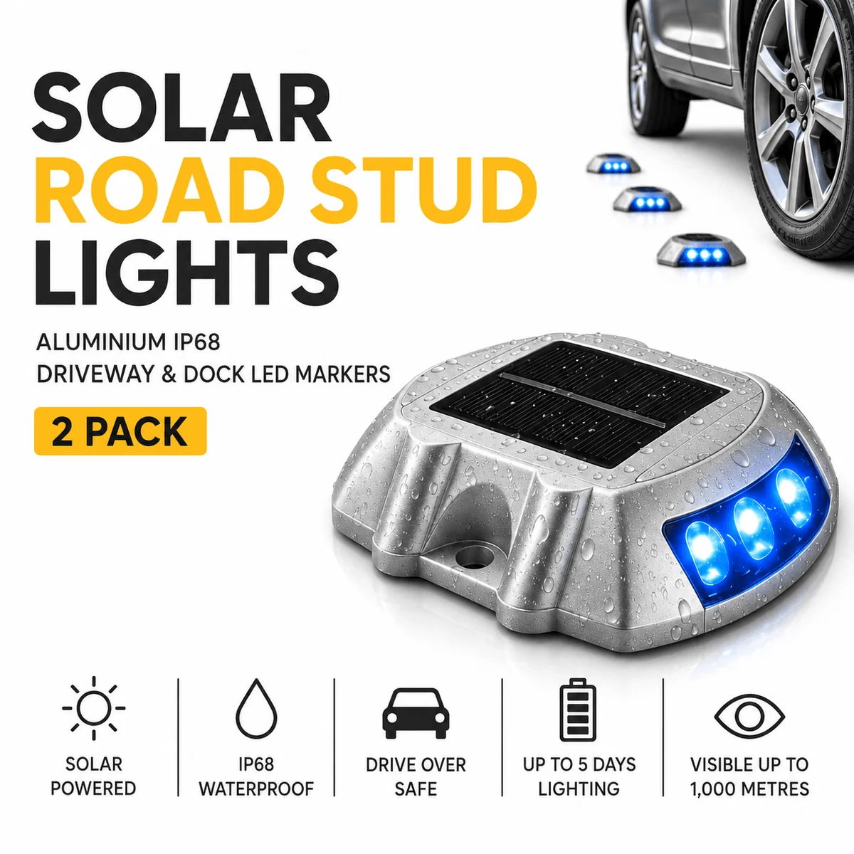 Solar road stud lights 2 pack – aluminium IP68 driveway and dock LED markers, solar powered, drive-over safe, visible up to 600 metres.