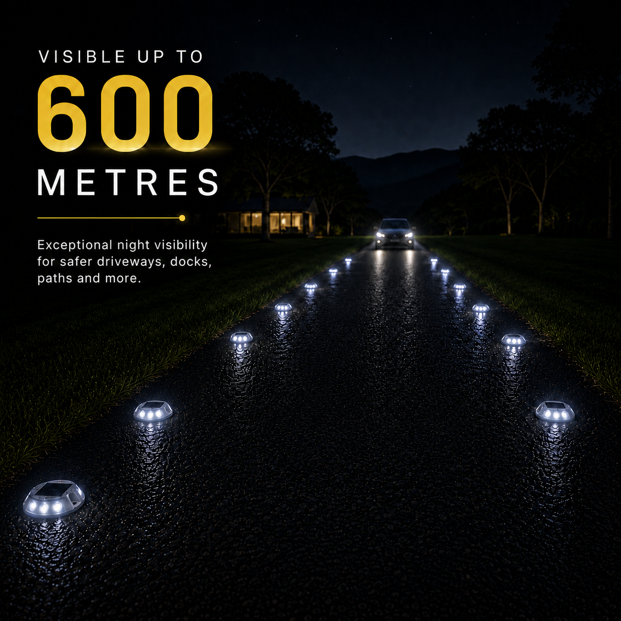 Solar road stud lights Australia lining a rural driveway at night, visible up to 600 metres for exceptional night visibility on driveways, docks and paths