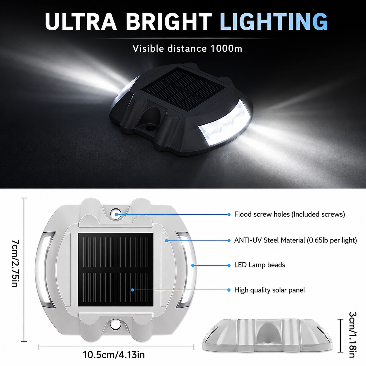Solar road stud lights Australia – ultra bright LED with 600m visible distance, anti-UV steel material, high quality solar panel and flood screw holes, dimensions 10.5 x 7 x 3cm