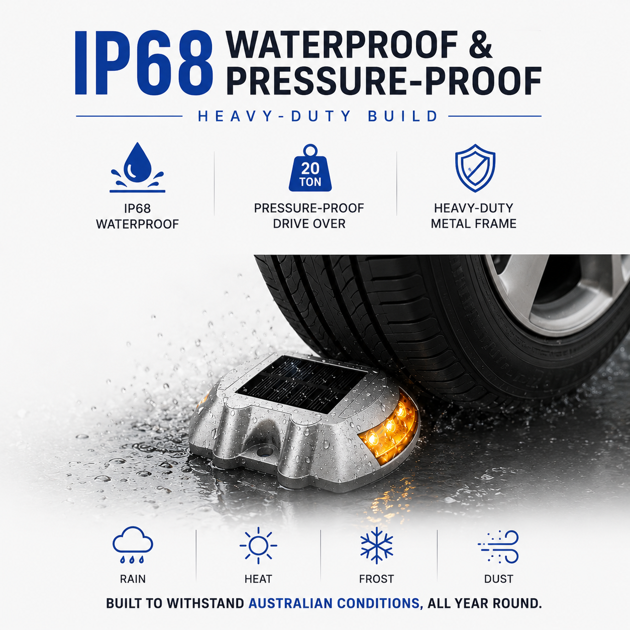 Solar road stud lights with IP68 waterproof and 20-tonne pressure-proof heavy-duty metal frame, built to withstand Australian conditions including rain, heat, frost and dust