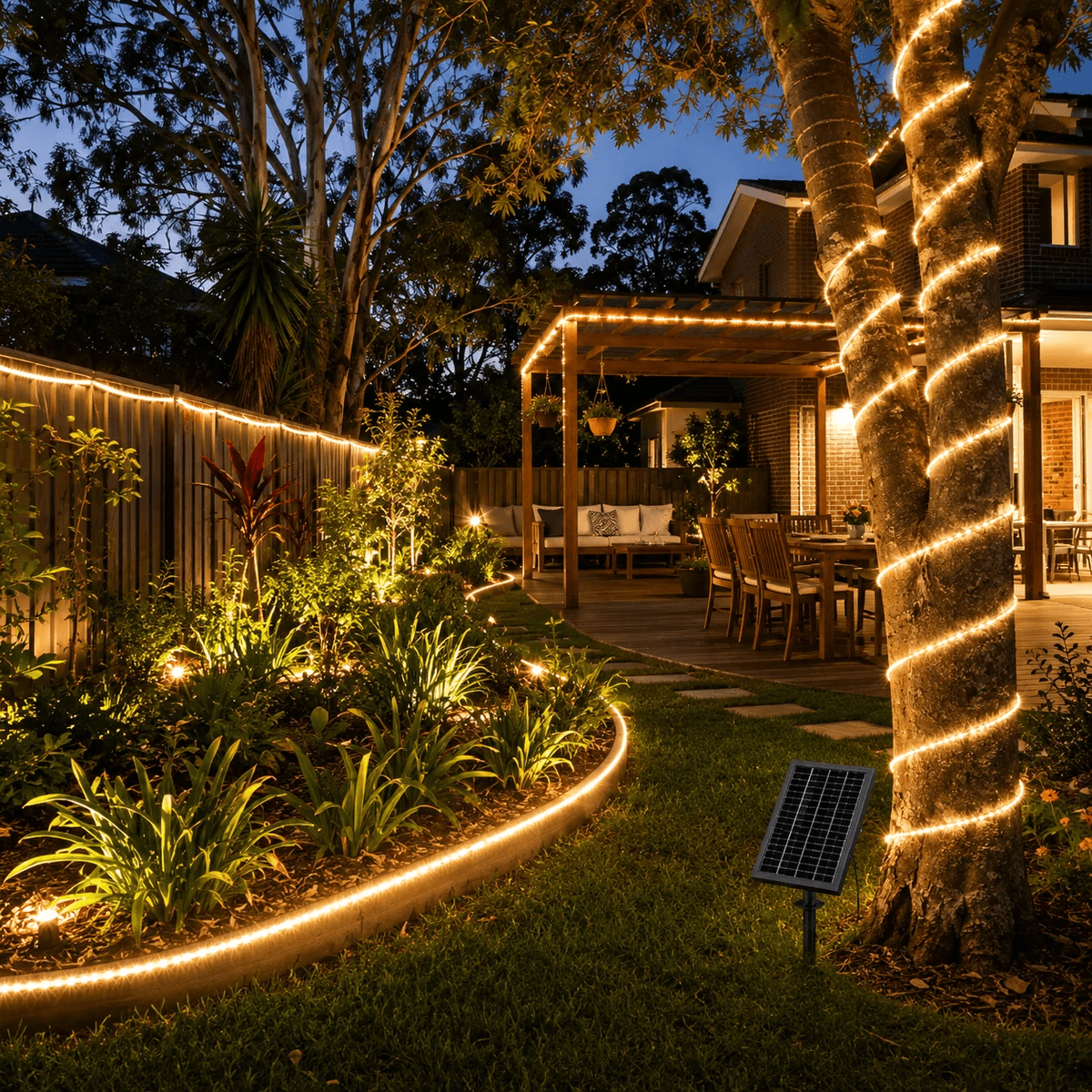Warm solar rope lights outdoor wrapped around a large tree trunk and illuminating garden borders, backyard fences, and a patio pergola.