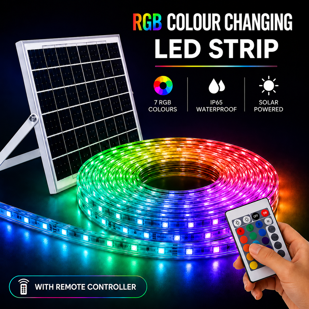 An IP65 waterproof RGB solar strip light kit showcasing the coiled colour changing LED ribbon tape, large solar panel frame, and a hand holding the 24-key remote controller.