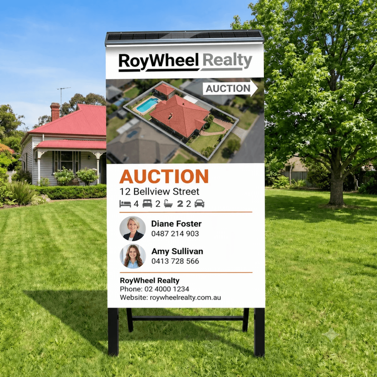 A solar sign light Australia model is securely mounted onto a vertical real estate auction board to provide cordless outdoor solar sign lighting in a residential front yard.