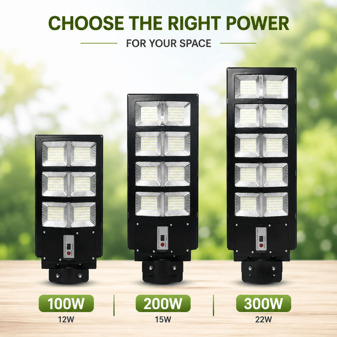 A size and wattage comparison infographic for commercial solar street light 100w, 200w, and 300w options showing the individual panel power ratings of 12W, 15W, and 22W respectively.