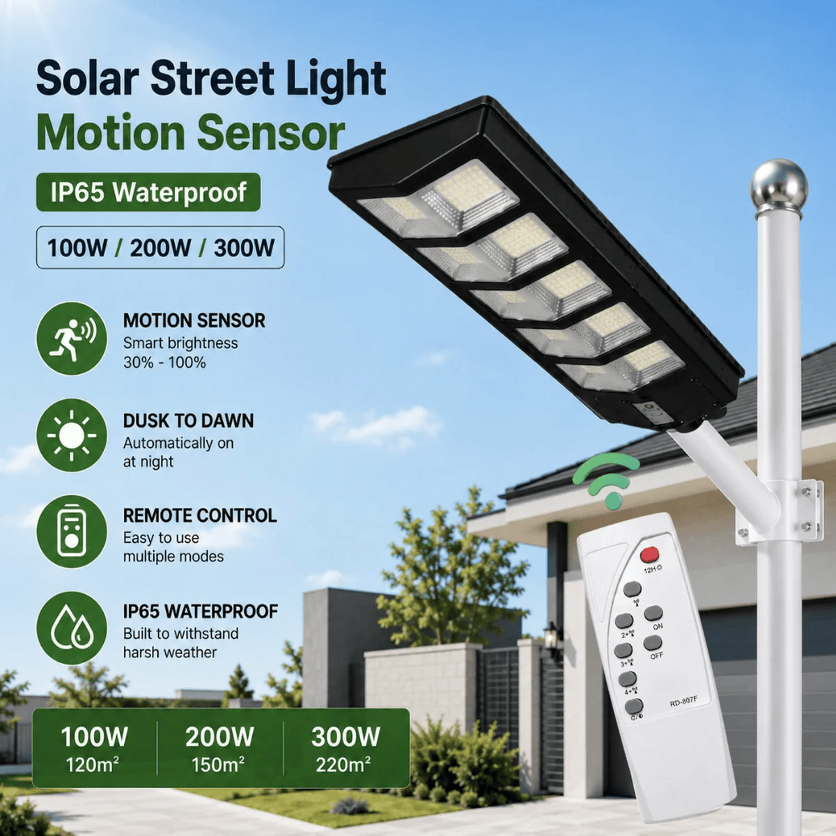 An infographic detailing a solar street light motion sensor with technical options for solar street light 100w, 200w, and 300w variants showing IP65 waterproof and remote control metrics.