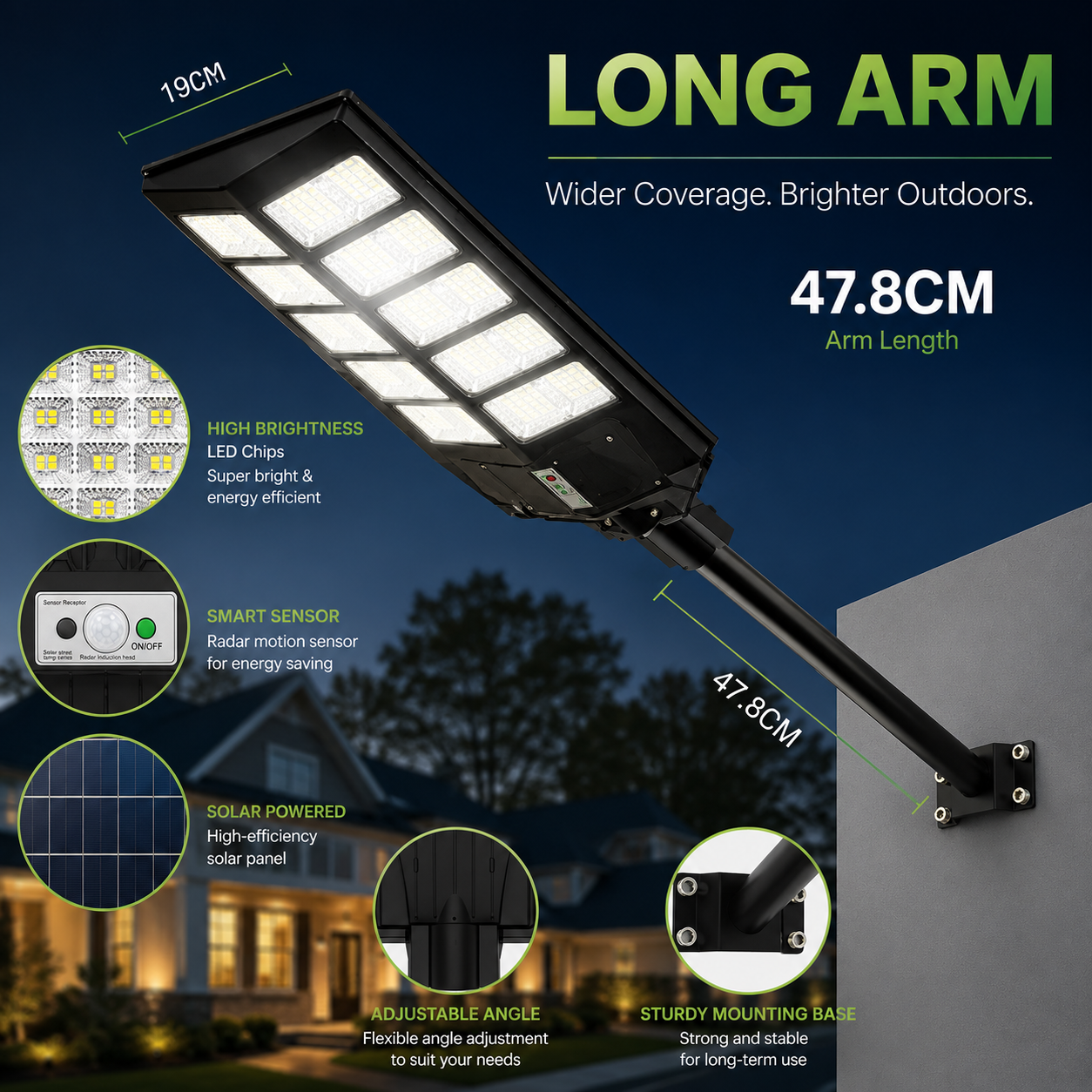 An infographic displaying a heavy duty solar street light with a forty-seven point eight centimeter extension long arm mounting bracket, highlighting its radar motion sensor and high brightness led chips.