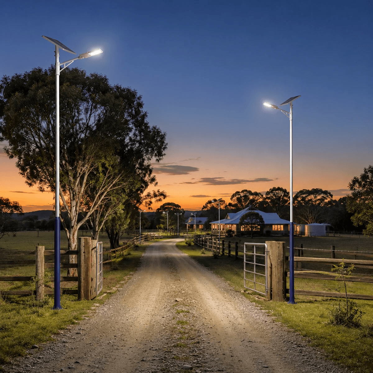 Two multi-purpose galvanized pole structures configured as a solar street light pole setup illuminating a long rural property driveway and entry gate in Australia at dusk.