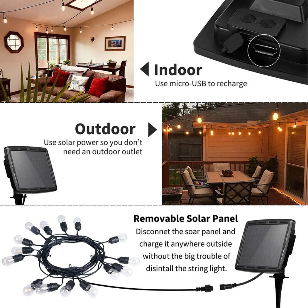 Solar string lights indoor outdoor usb rechargeable features showing micro USB charging port for inside use and removable solar festoon lights panel configuration for easy charging across Australian backyards