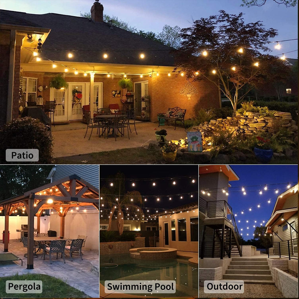 Split layout photo demonstrating multiple solar string lights outdoor applications including a residential backyard patio undercover gazebo timber pergola hanging layout pool area illumination and outdoor stairs styling in Australia