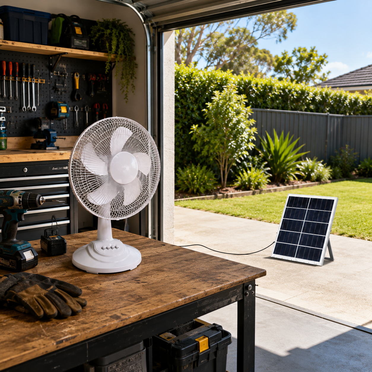 White solar table fan placed on a wooden workbench inside a home garage workshop, with its 12W solar panel resting on the outdoor driveway under the Australian sun.