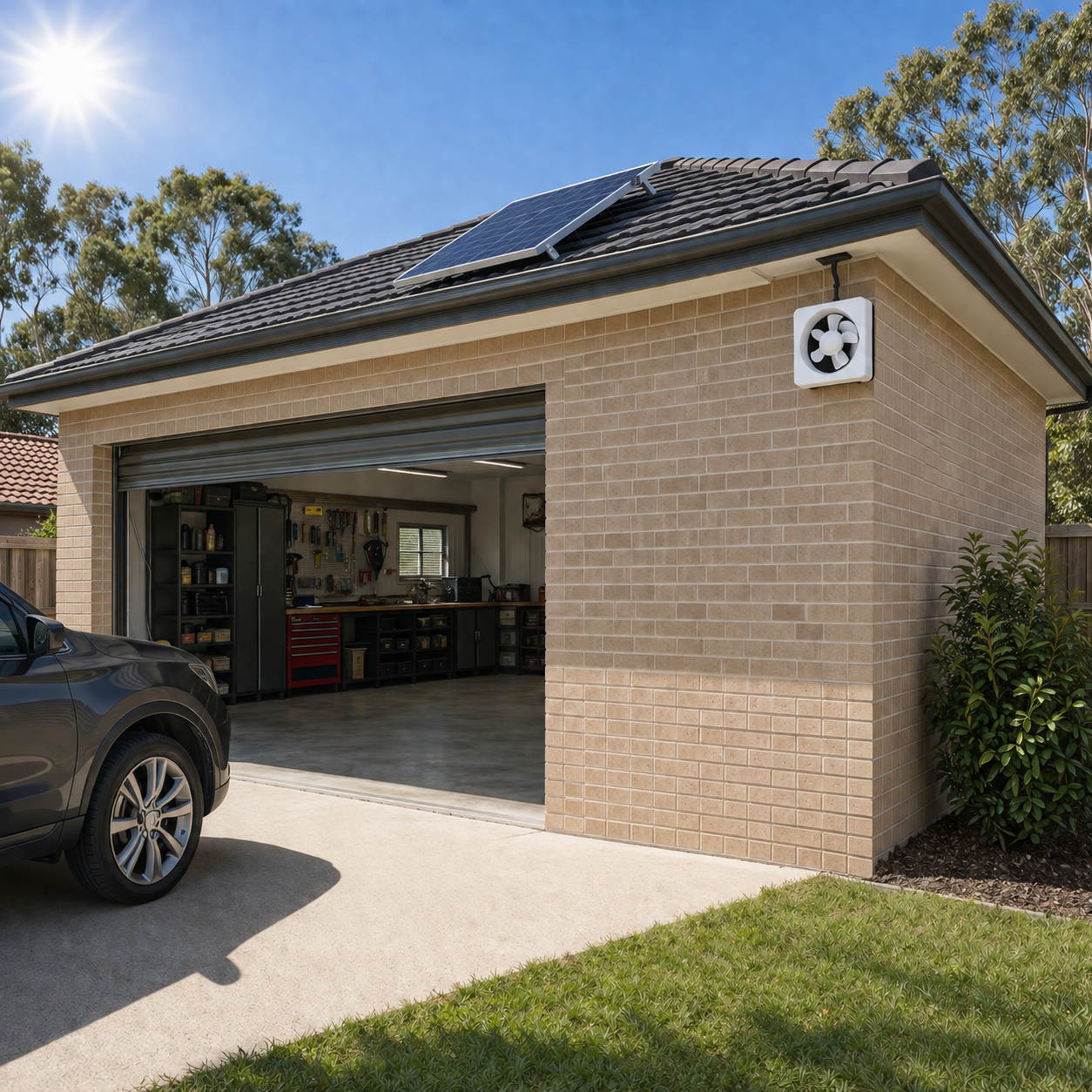 A residential garage ventilation fan solar installation on a brick workshop exterior wall, with a roof-mounted solar panel capturing direct Australian sunlight to extract heat and maintain airflow.