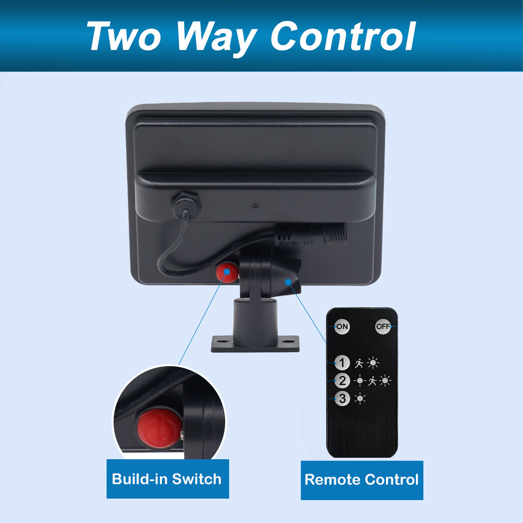 Solar wall light with remote control and a built-in switch for two-way control functionality.