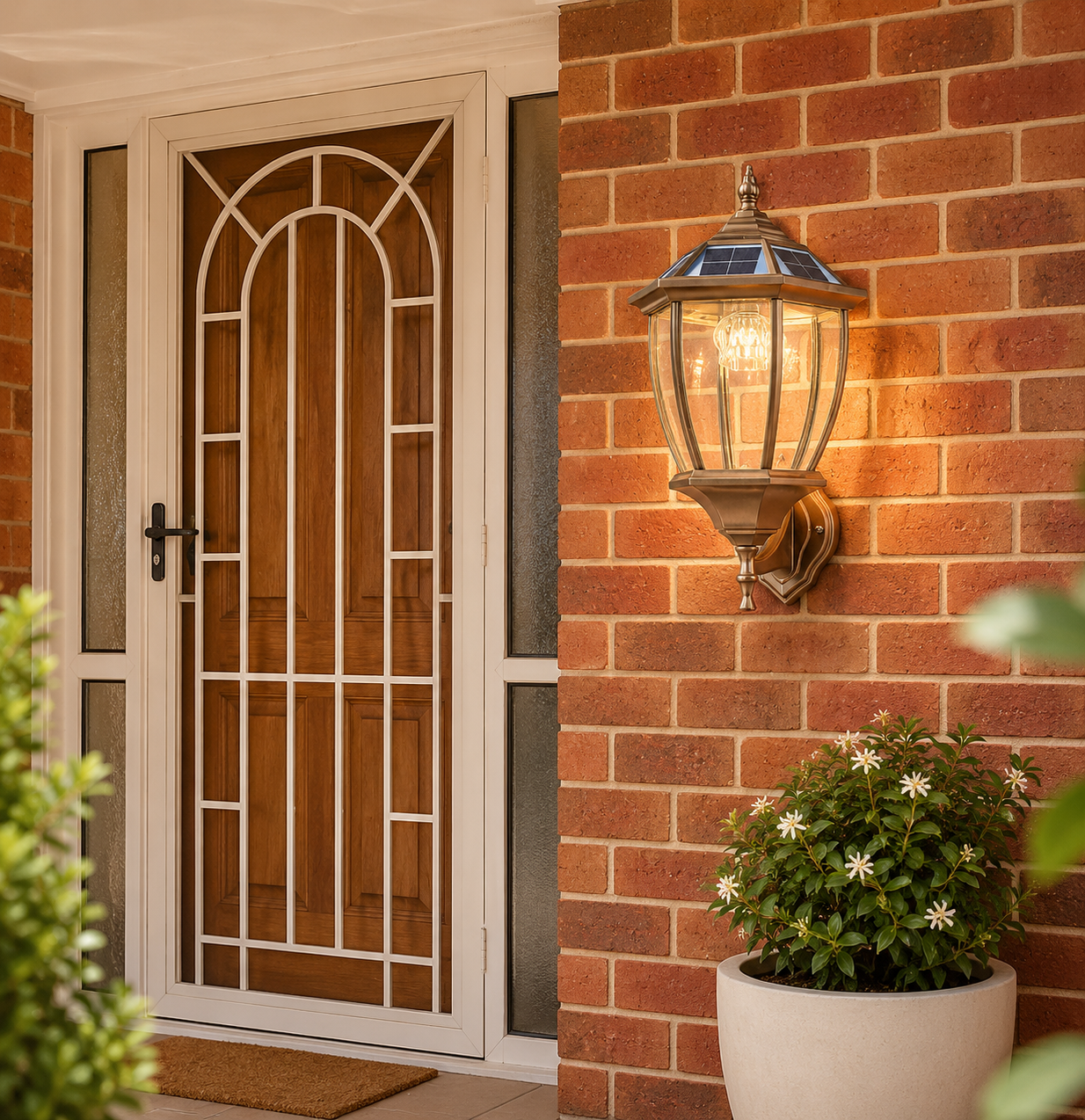 Solar Wall-Mounted Light in classic bronze installed next to a timber front door on an exposed brick wall with potted plants.