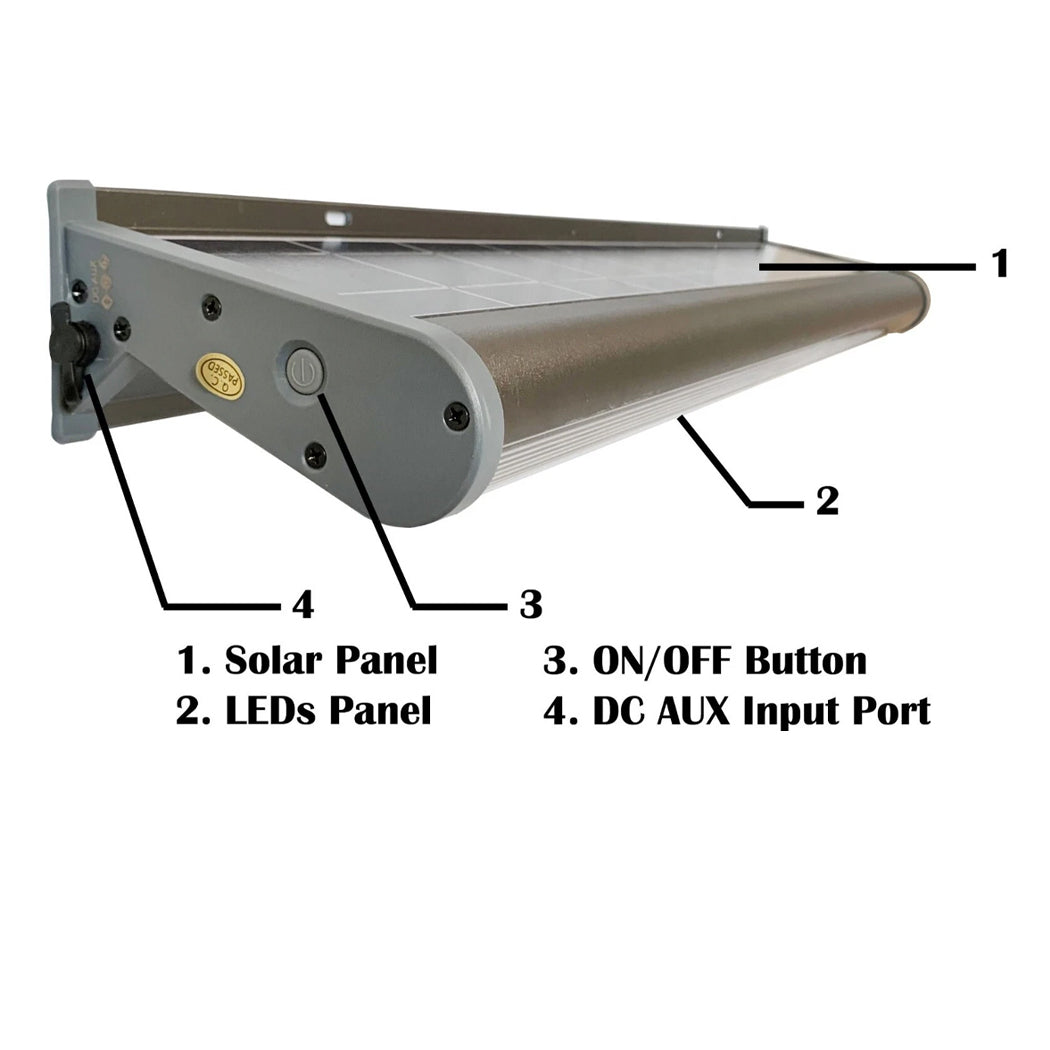 Close-up of a solar-powered LED light fixture designed for billboard illumination. The unit features a top-mounted solar panel for energy collection, a downward-facing LED panel for lighting, a side ON/OFF button for manual control, and a DC AUX input port for optional wired power. The compact, weather-resistant design supports efficient nighttime visibility for outdoor signage