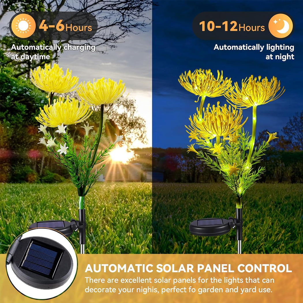 Solar-powered garden light shaped like a vibrant yellow flower with layered petals and glowing tips. Mounted on a green stem with realistic leaves, it brings a cheerful pop of color and soft illumination to outdoor spaces.