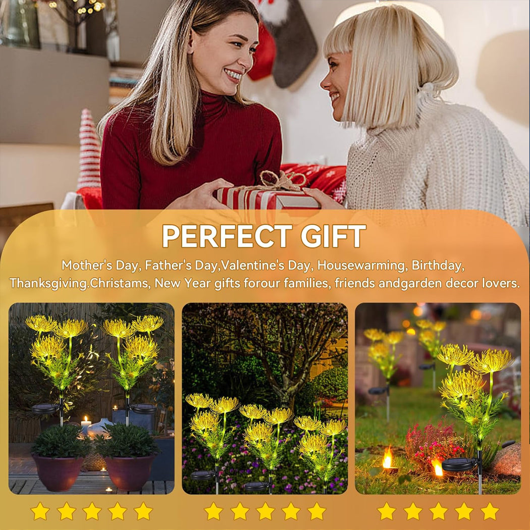 Gift-themed promotional image featuring two people exchanging a red-and-white striped present indoors, with a banner highlighting it as a ‘Perfect Gift’ for occasions like Mother’s Day, birthdays, and Christmas. Below, illuminated yellow solar flower lights are showcased in pots and garden settings, ideal for festive outdoor decor.