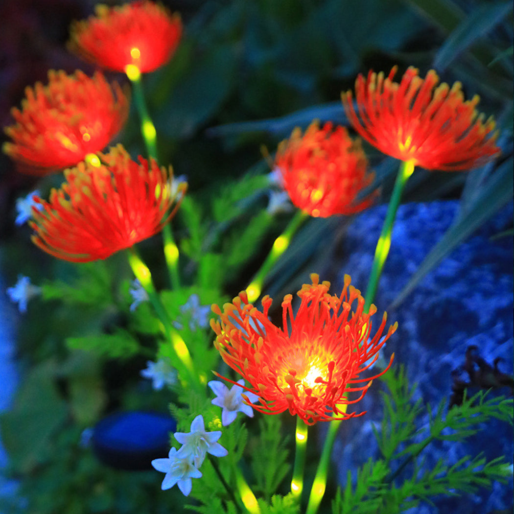 Enchanting solar-powered flower lights in fiery red-orange hues, with intricately detailed petals and softly glowing stems. Nestled within verdant greenery and accented by tiny white blooms, these LED floral lights create a dazzling fireworks-like display. Perfect for transforming gardens, pathways, or patios into a whimsical nighttime oasis