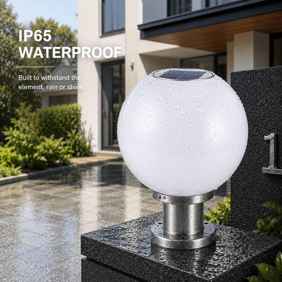 Spherical Solar Pillar Light with water droplets on the globe showing IP65 waterproof features outside an Australian home