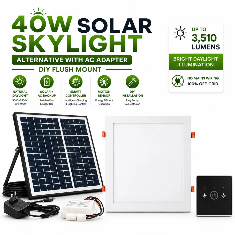Complete 40W square solar skylight alternative with AC adapter kit featuring a polycrystalline solar panel, flush mount solar ceiling light, smart controller, and DIY installation components for 100% off-grid lighting.