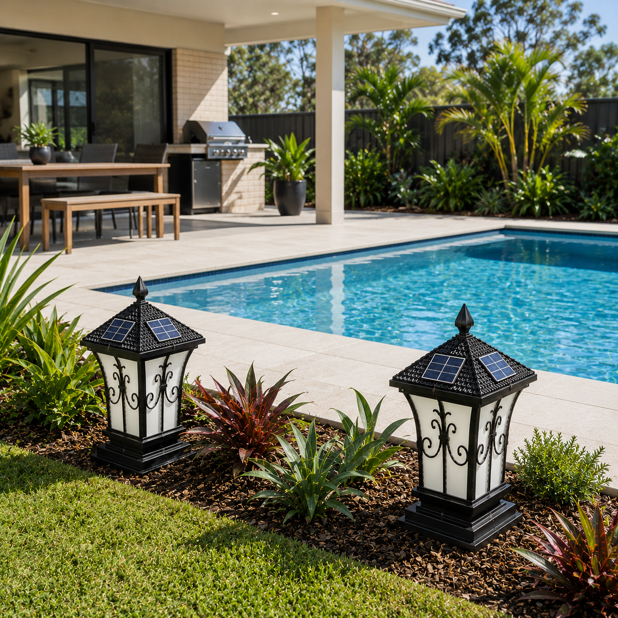 Two black decorative heritage solar light lanterns installed next to a backyard swimming pool coping edge, showing an IP65 waterproof design ideal for coastal and suburban outdoor entertaining areas.