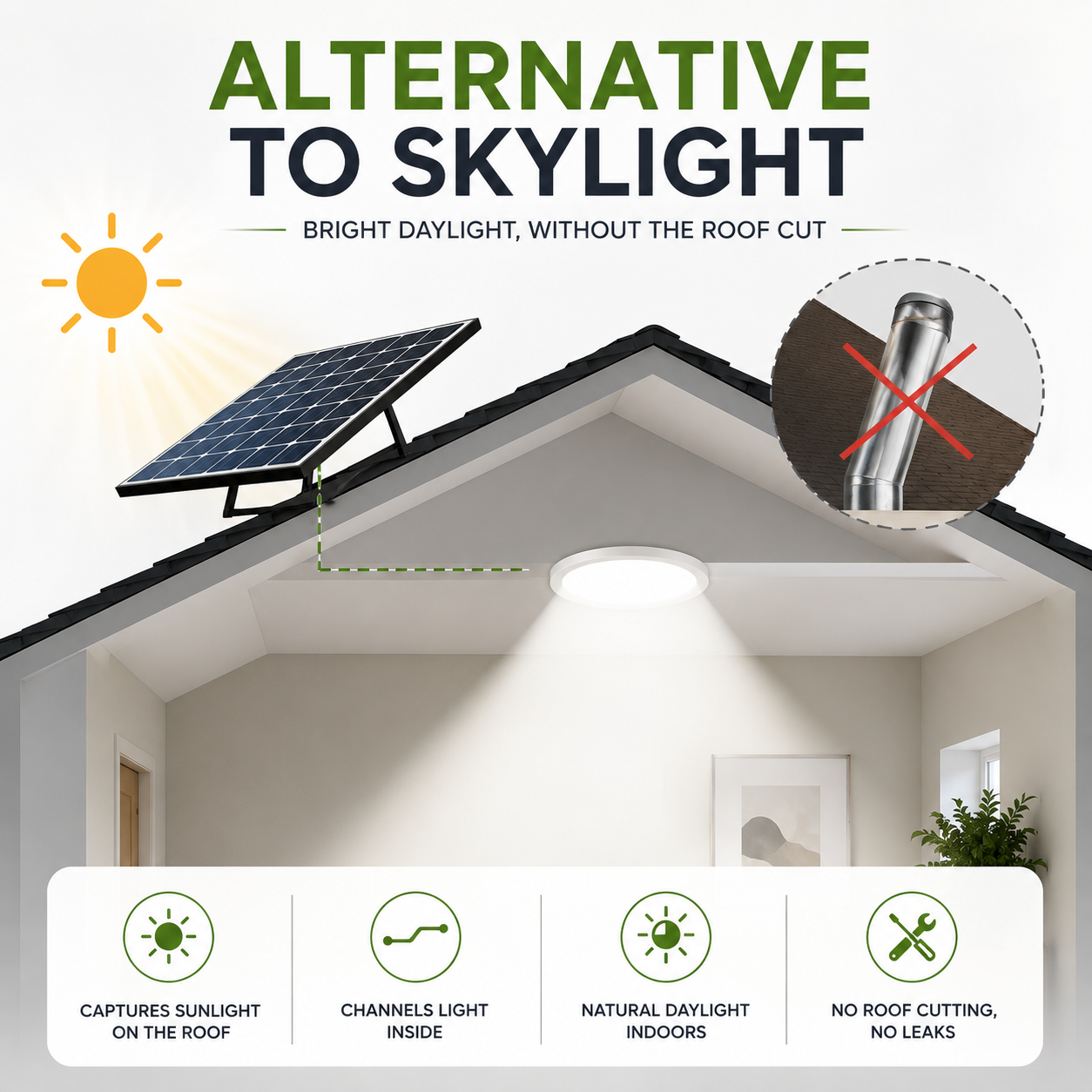 An infographic comparing a traditional roof cut sun tunnel to a 30W LED solar skylight alternative, illustrating how the roof-mounted panel captures sunlight to deliver bright daytime indoor illumination with no leaks.