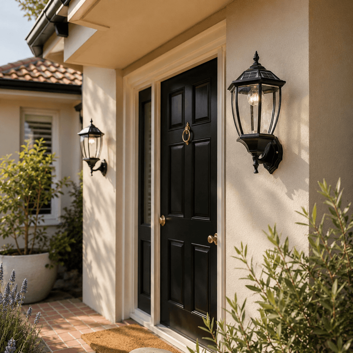 Traditional solar wall sconce in an antique solar wall light design illuminating a home front entrance next to a black door.