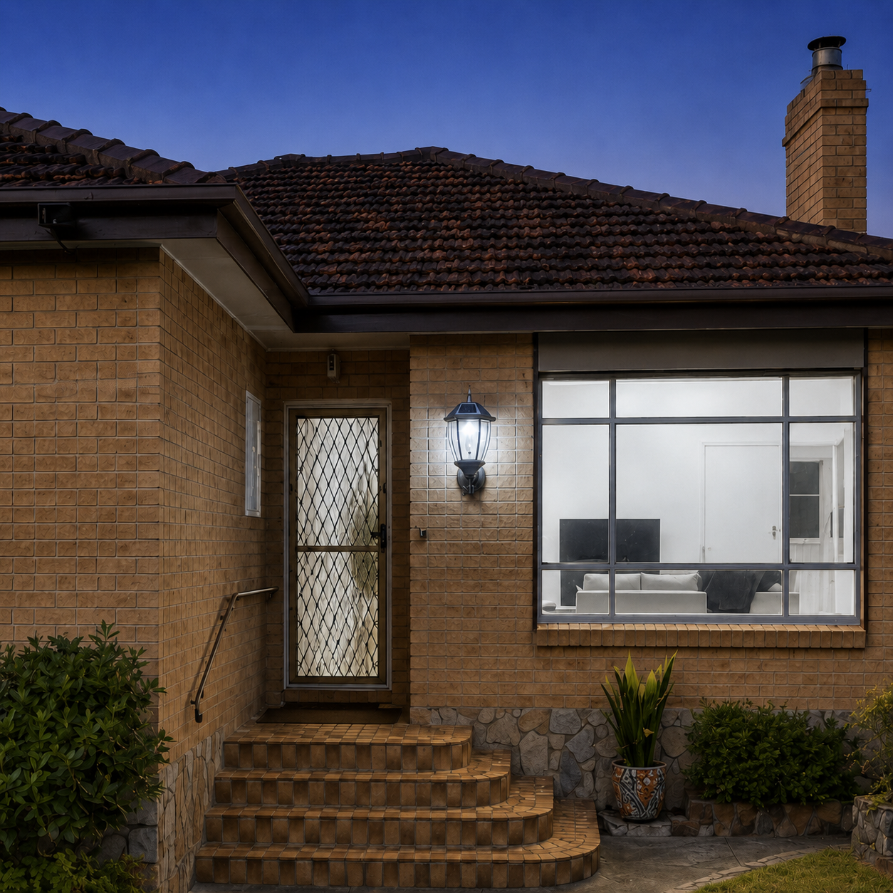 Traditional Solar Wall Sconce in an antique bronze coach lantern style illuminating the front entrance and brick wall of an Australian home at dusk.