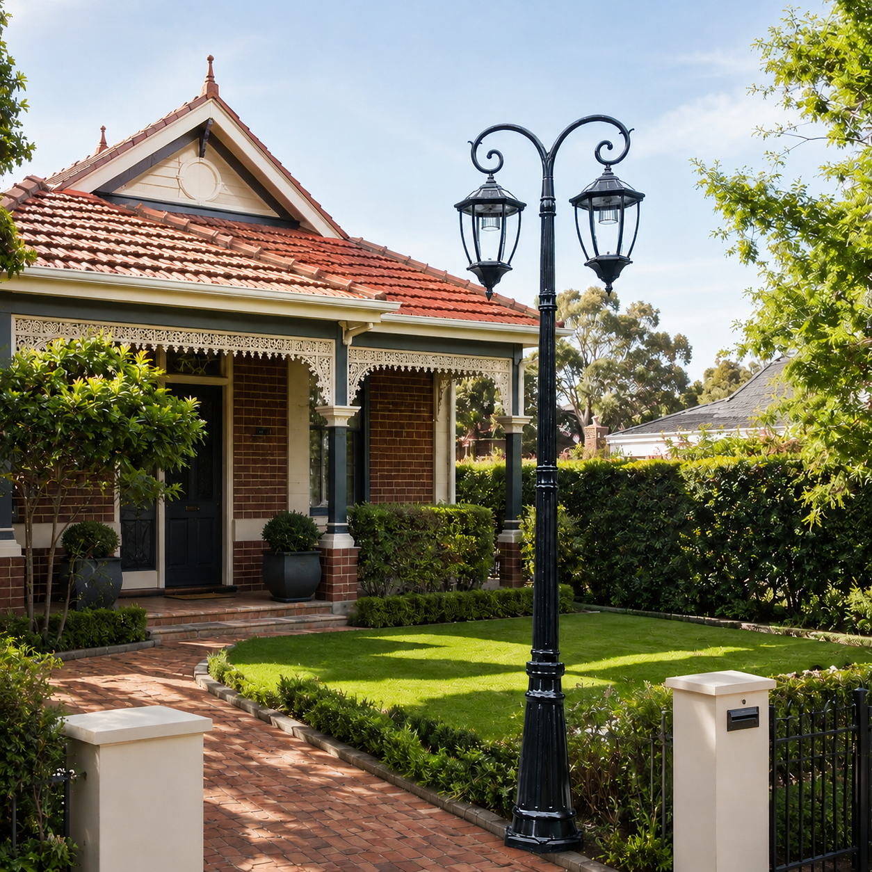 Victorian Double Head Solar Coach Post Light in antique black with hexagonal clear glass lanterns, installed as an outdoor dual head solar pillar lamp on a heritage garden lawn.