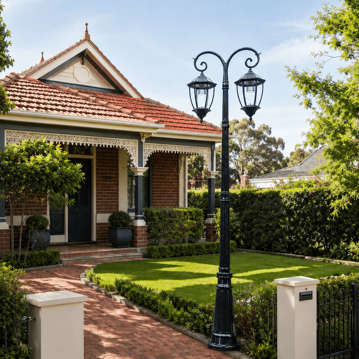 Victorian Double Head Solar Coach Post Light in antique black with hexagonal clear glass lanterns, installed as an outdoor dual head solar pillar lamp on a heritage garden lawn.