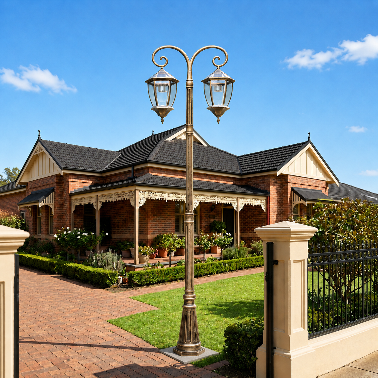 Victorian double head solar street light in antique bronze finish illuminating a brick driveway and garden landscape.