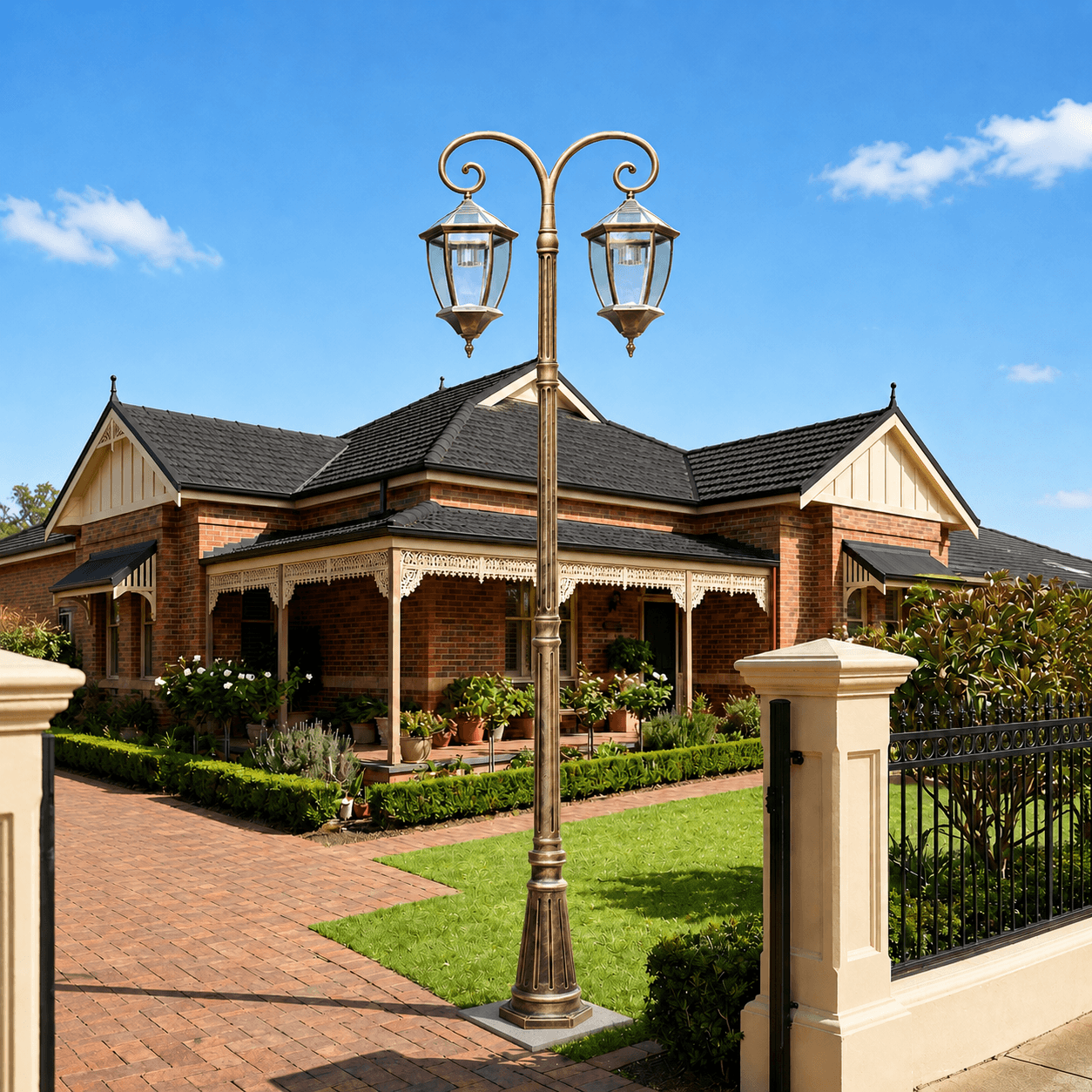 Victorian double head solar street light in antique bronze finish illuminating a brick driveway and garden landscape.
