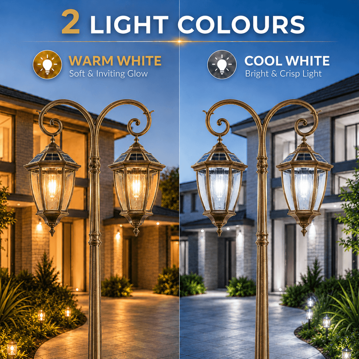 Victorian double head solar street light infographic demonstrating warm white soft glow and cool white bright lighting modes.