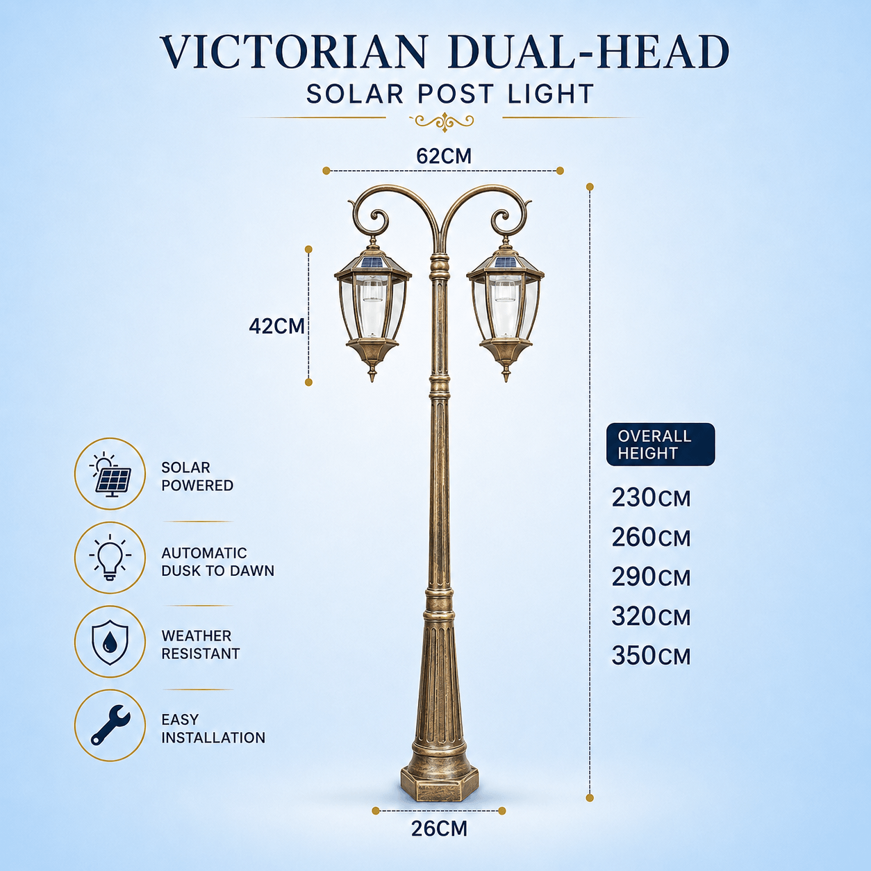 Victorian double head solar street light dimensions diagram in antique bronze showing height options up to 350cm, lantern head size, and base width.