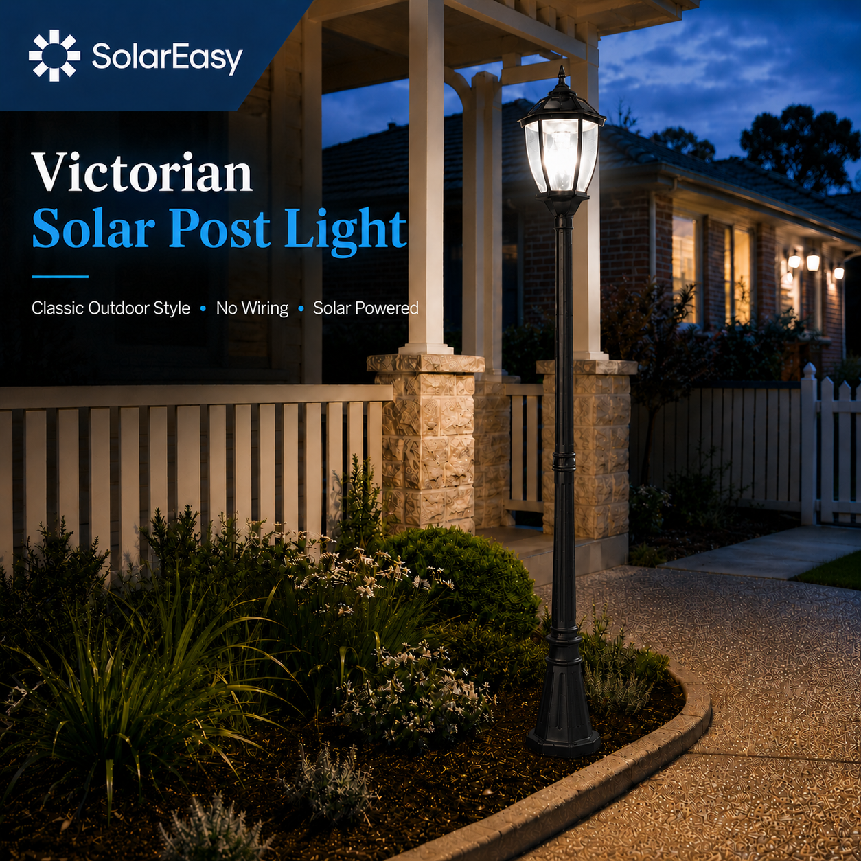 Victorian solar post light illuminating a home garden pathway and driveway at night, working as an outdoor black solar post light in Australia.