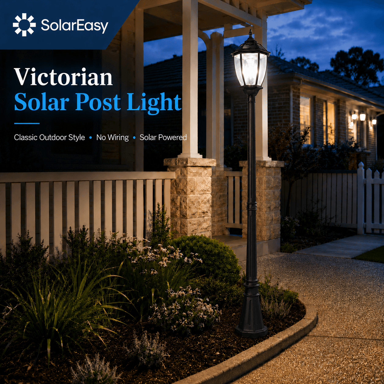 Victorian solar post light illuminating a home garden pathway and driveway at night, working as an outdoor black solar post light in Australia.