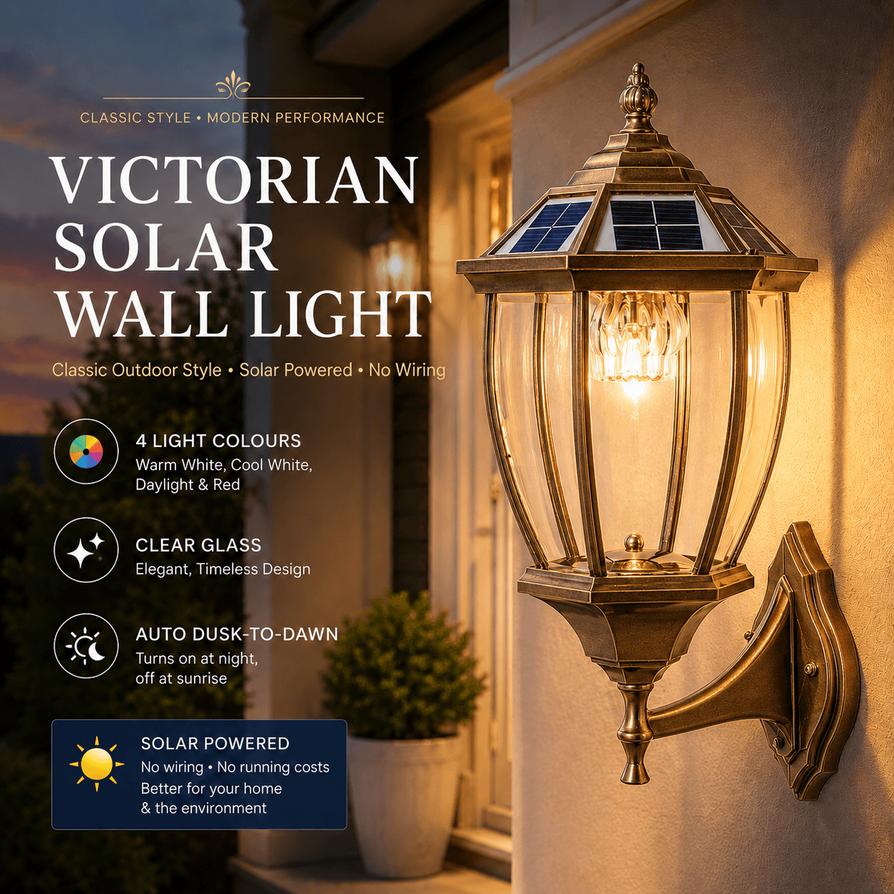 Victorian-Style Solar Wall Lantern in antique bronze, featuring a classic solar coach lantern design, clear glass panels, and an integrated traditional solar wall sconce mounting bracket.