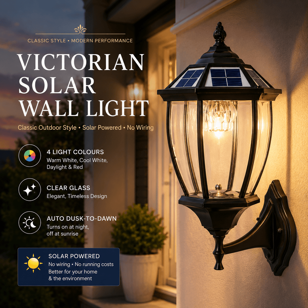 Victorian style solar wall lantern with a classic solar coach lantern design mounted as a solar wall mounted light on an exterior brick wall.