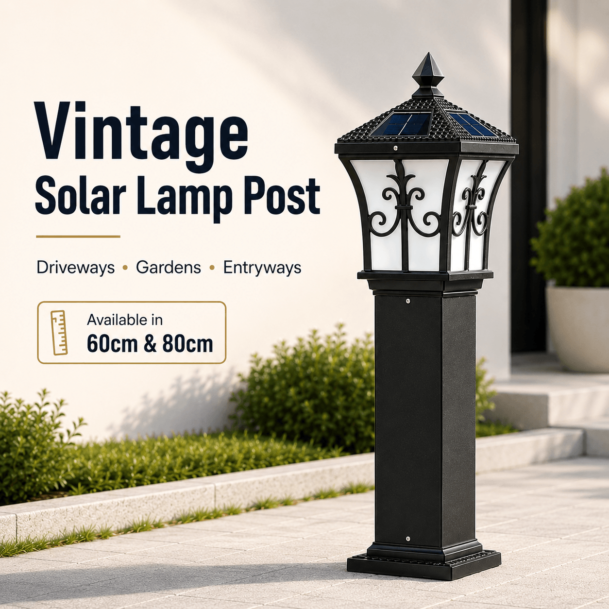 Vintage solar lamp post outdoor walkway light in black cast aluminium, ideal for Australian driveways and gardens. Available in 60cm and 80cm heights.
