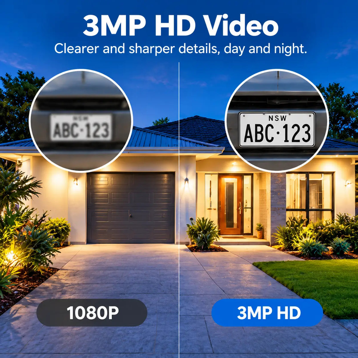 Resolution comparison infographic for the Vstarcam BG55 solar security camera showing a side-by-side simulation of a blurry ten eighty p view versus a clear three megapixel high definition license plate detail over a residential driveway at night.