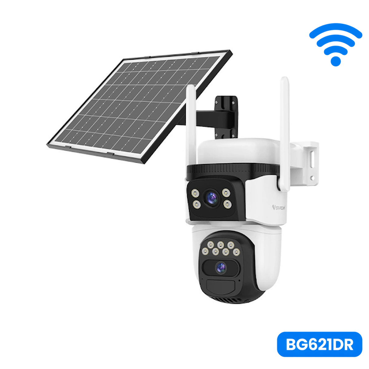 The primary hero listing image for the VStarcam BG621DR 8MP dual-lens solar-powered PTZ Wi-Fi security camera, showing the white and black camera chassis with its top-mounted monocrystalline solar panel and an overlay model tag on a white background.