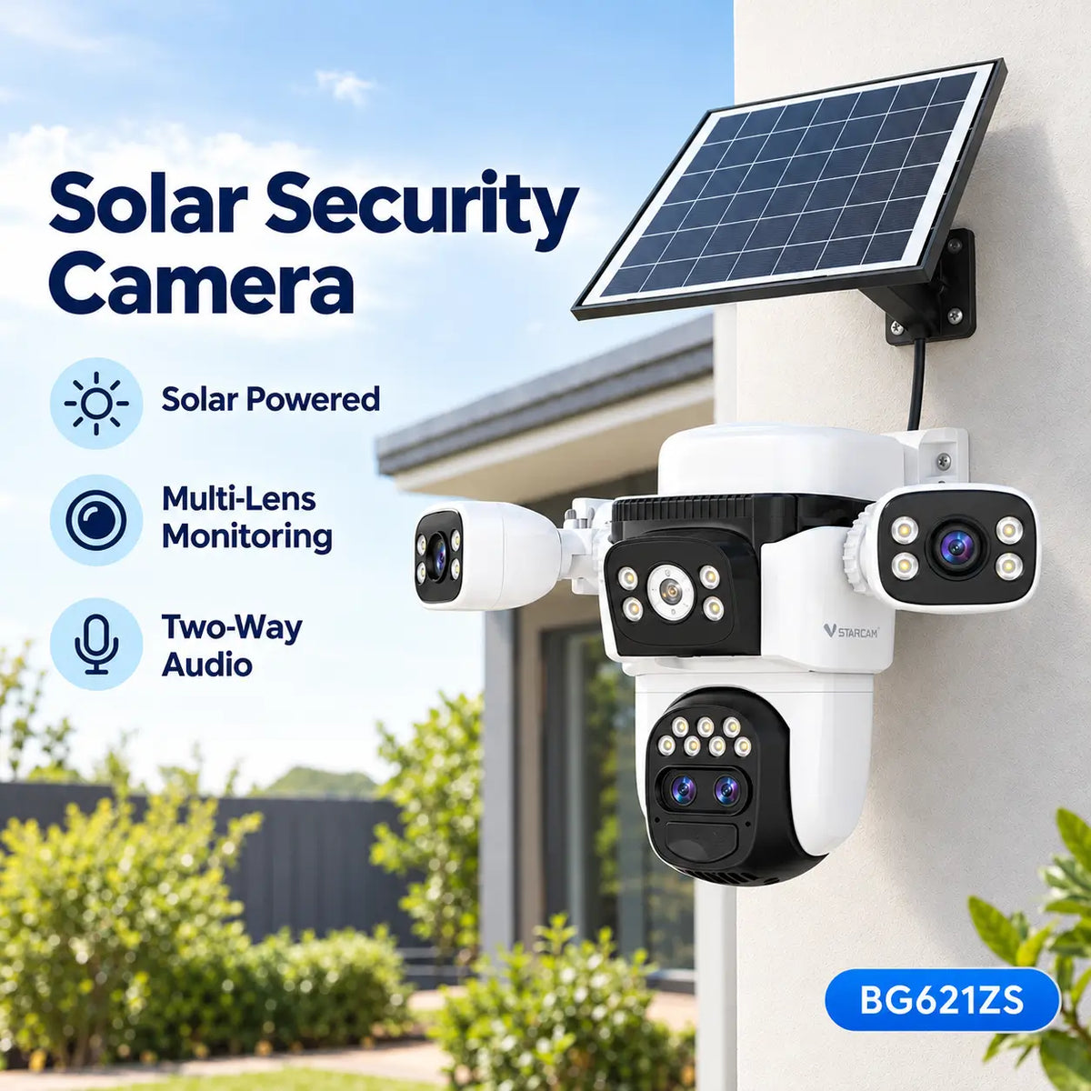 Vstarcam BG621ZS multi-lens solar powered wireless security camera product banner highlighting its multi-screen monitoring, dual spotlight lens arrays, integrated intercom, and adjustable solar panel.