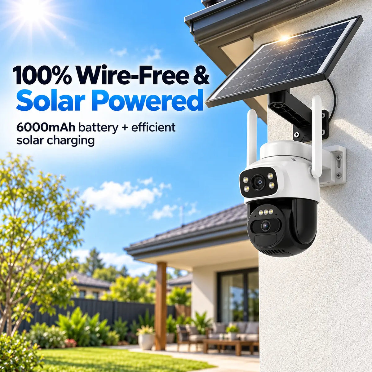 Feature infographic for the Vstarcam BG622DR camera wall-mounted under home eaves highlighting its wire-free setup, integrated solar panel charging, and internal six thousand milliamp hour rechargeable battery bank.