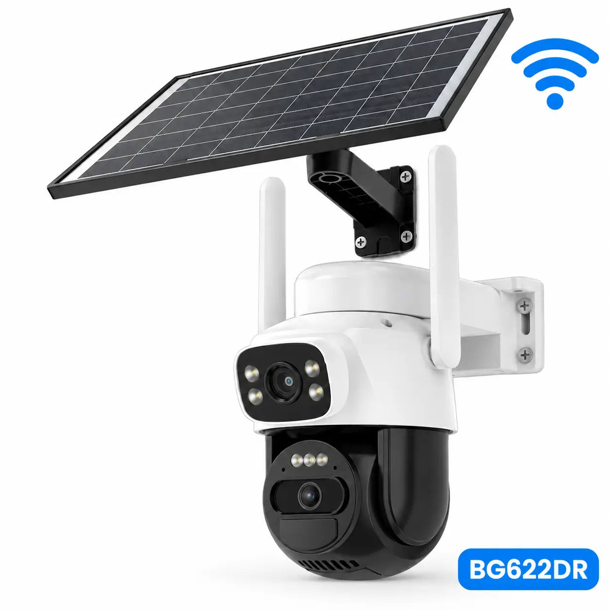 The primary hero listing image for the Vstarcam BG622DR dual-lens solar-powered PTZ Wi-Fi security camera, showing the white and black camera chassis with its top-mounted monocrystalline solar panel and an overlay model tag on a white background.
