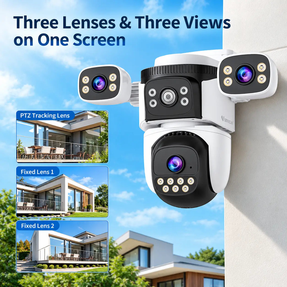 Feature infographic for the VStarcam CS621SR camera showing its three lenses and three views on one screen layout, with dedicated panels illustrating the ptz tracking lens alongside fixed lens one and fixed lens two monitoring angles.