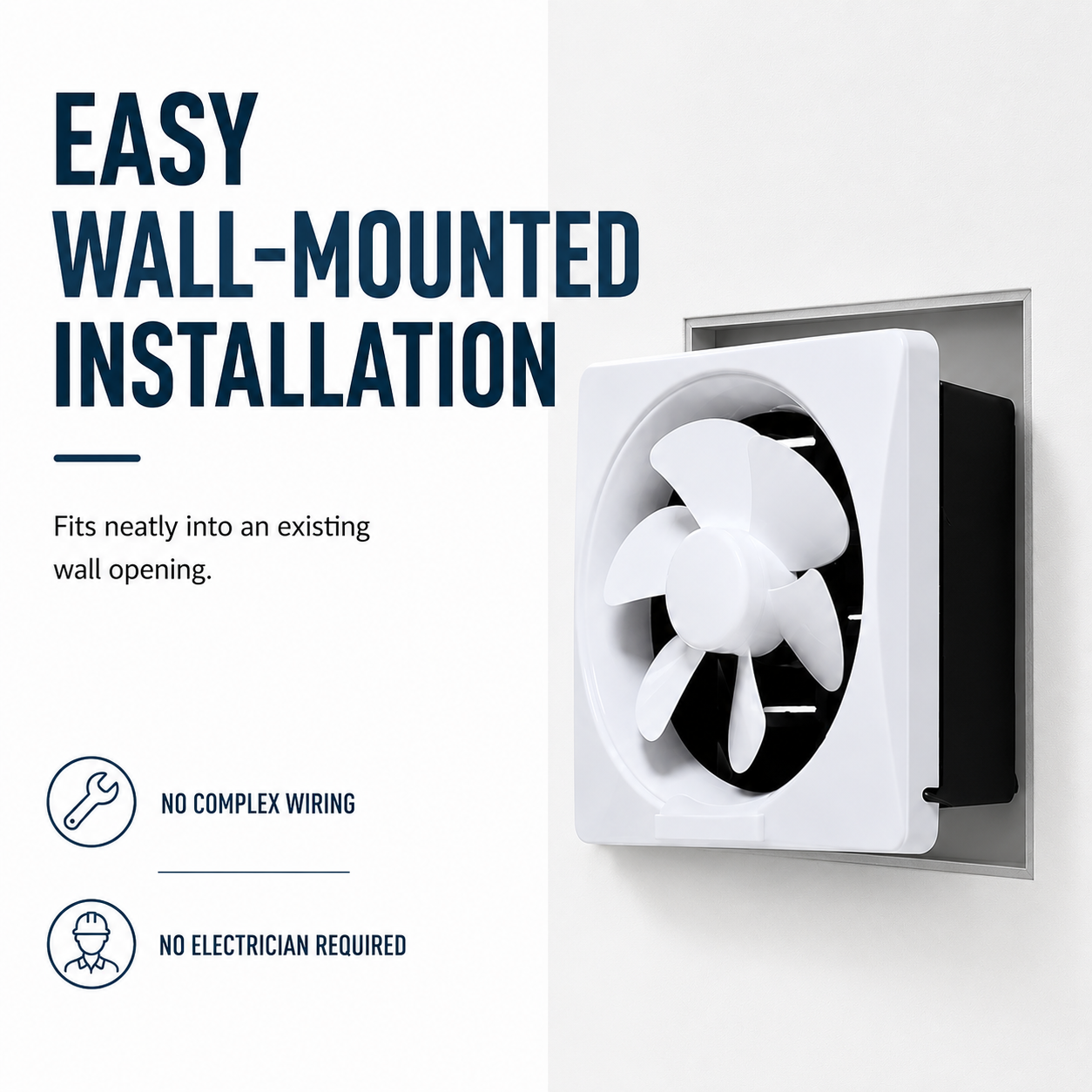 Product infographic demonstrating a wall mounted exhaust fan fitting into a wall opening, highlighting a simple installation process with no complex wiring or electrician required for DIY solar powered ventilation fan setups.