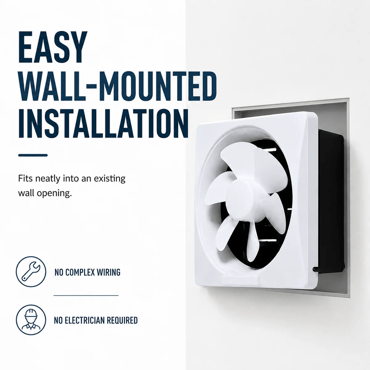 Product infographic demonstrating a wall mounted exhaust fan fitting into a wall opening, highlighting a simple installation process with no complex wiring or electrician required for DIY solar powered ventilation fan setups.