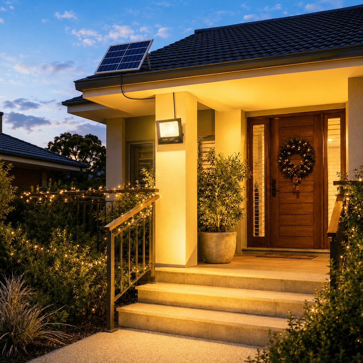Warm white solar flood light mounted on a house wall illuminating a front porch entryway and stairs with a roof mounted solar panel layout.