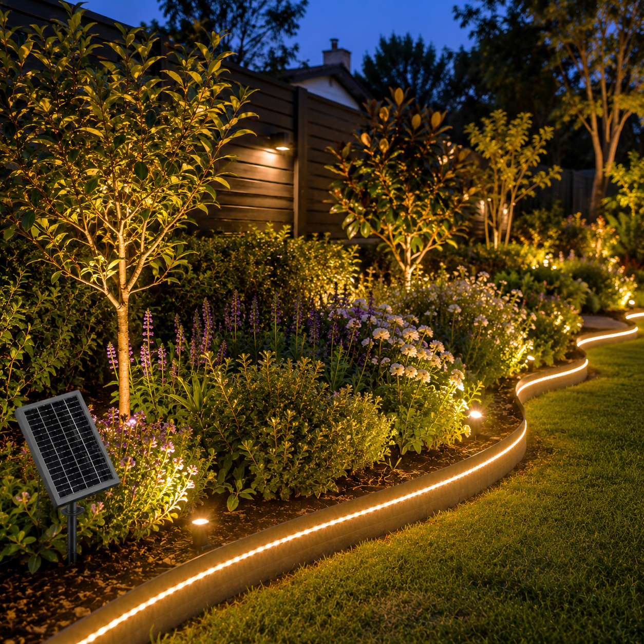 Warm white solar garden strip lights tracing a curved garden bed retaining edge and illuminating garden shrubs in an Australian backyard.