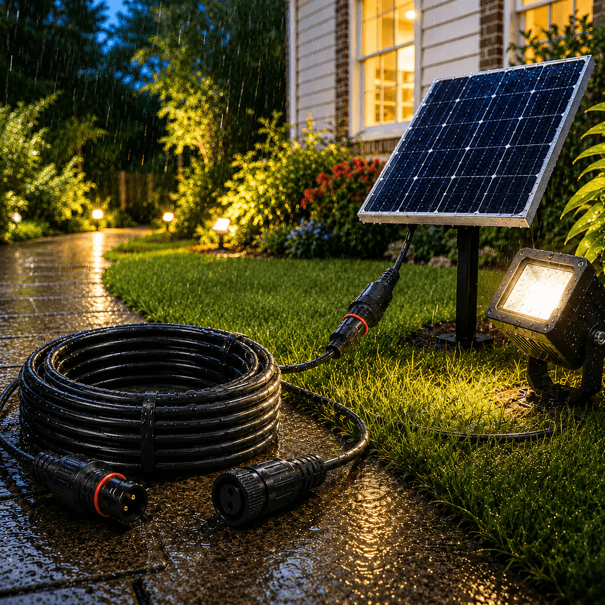 Coiled black extension cable powering a glowing solar lights floodlights setup in a rainy backyard landscape.