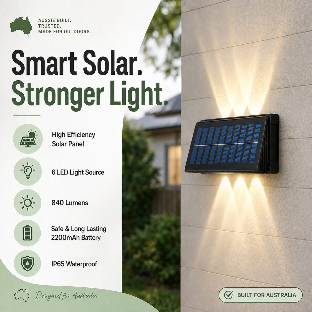 High efficiency waterproof solar wall lights up and down displaying technical specifications including 840 lumens, 6 LEDs, and an IP65 waterproof rating for Australia.